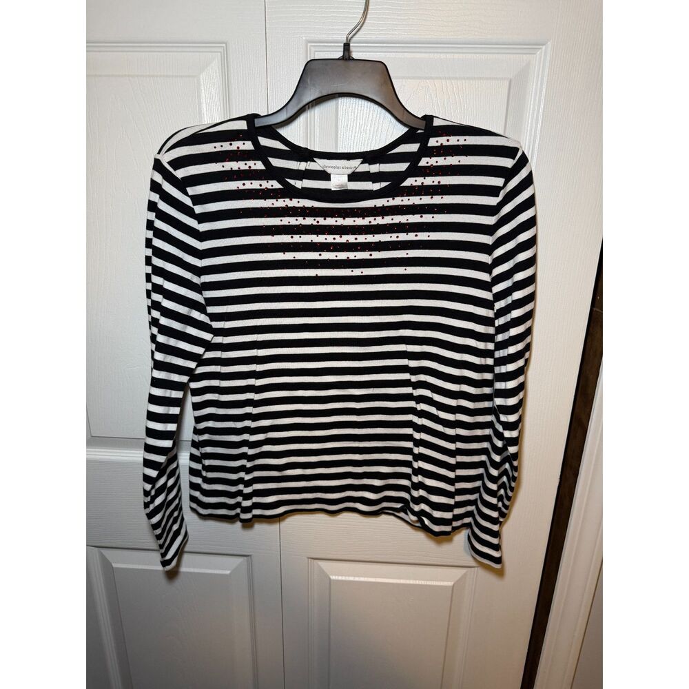 Christopher & Banks Women’s XL Black White Striped Red Rhinestone Top 1797